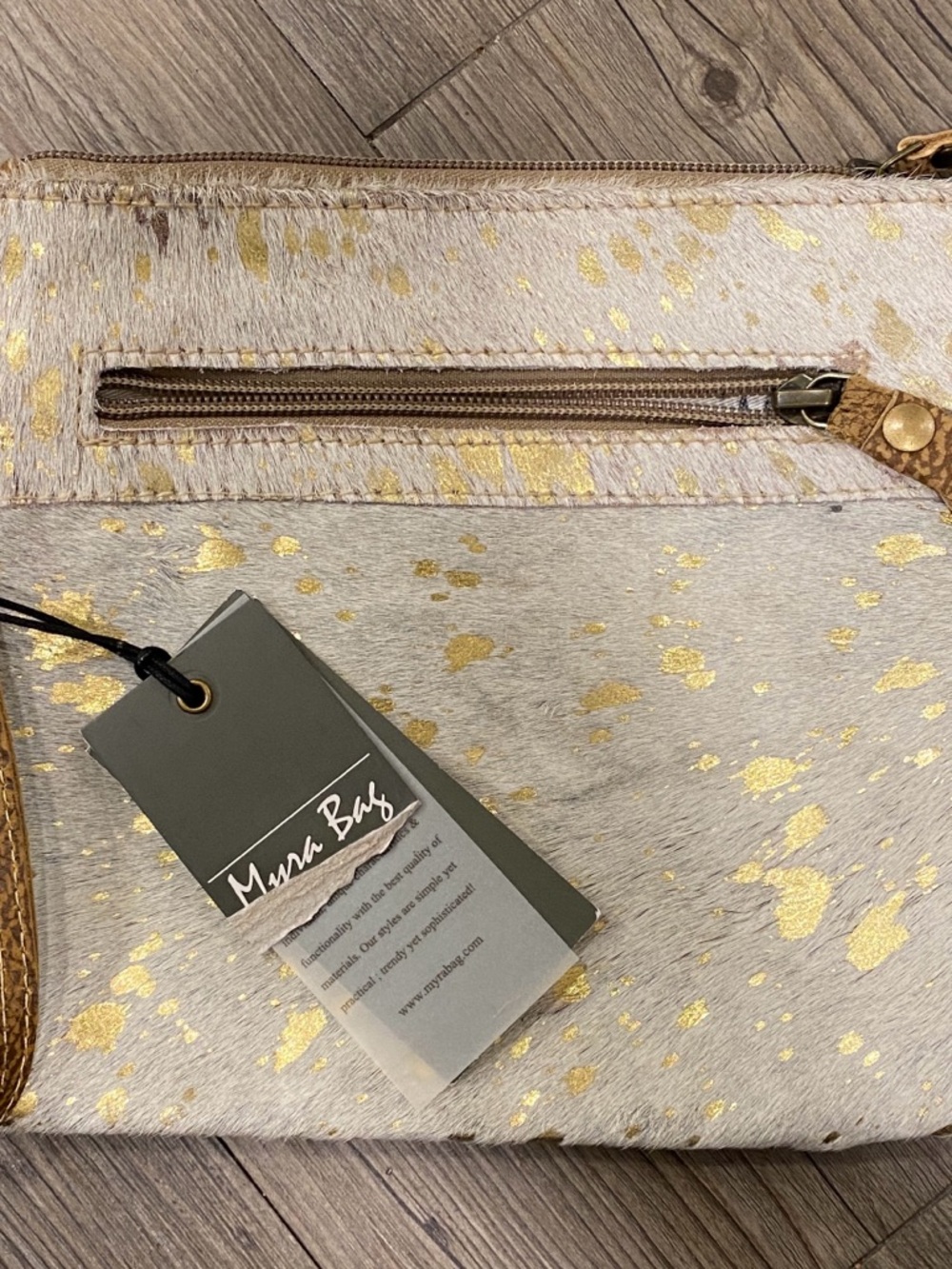 Myra Bag Sassy Leather Small Wristlet White Haircalf Gold Fleck Detail